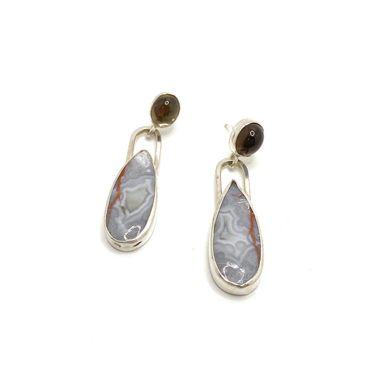 Statement Earrings with Smokey Quartz and Crazy Lace Agate